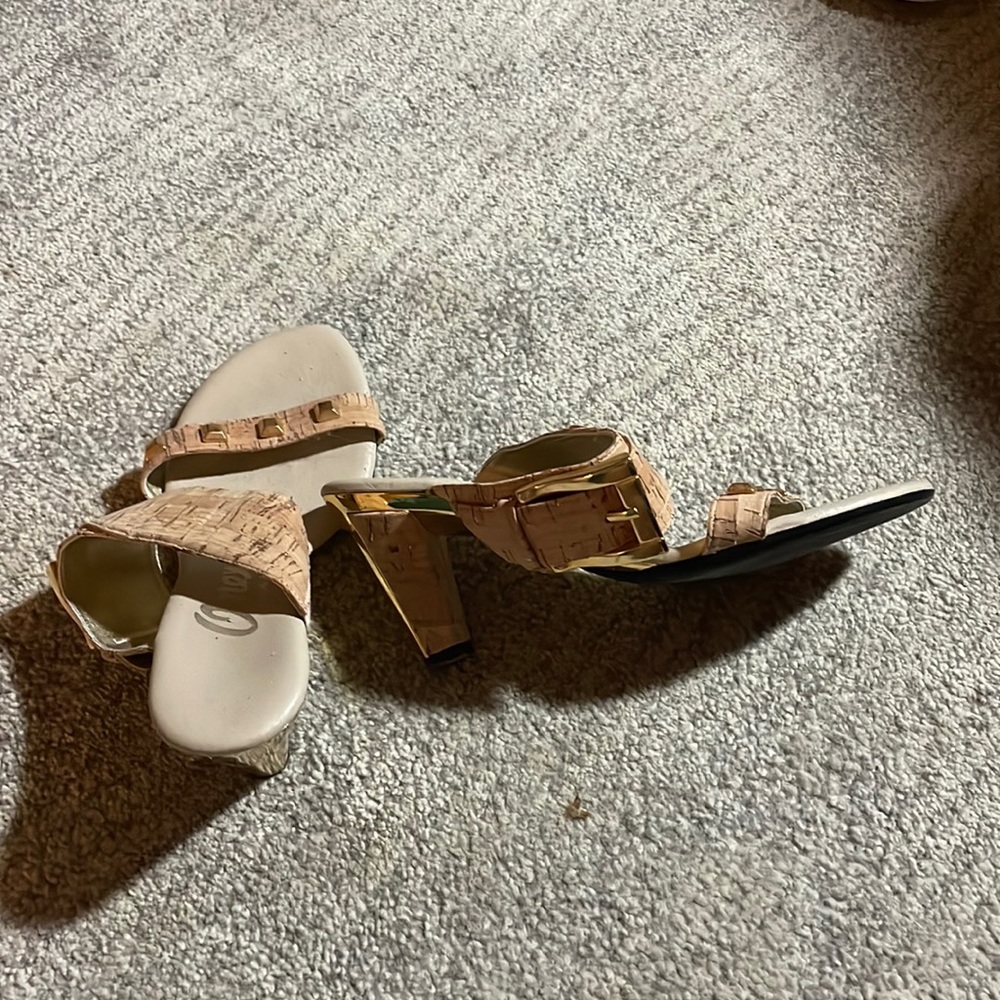 Cork Sandals with a buckle and 2 inch heel. Size 6